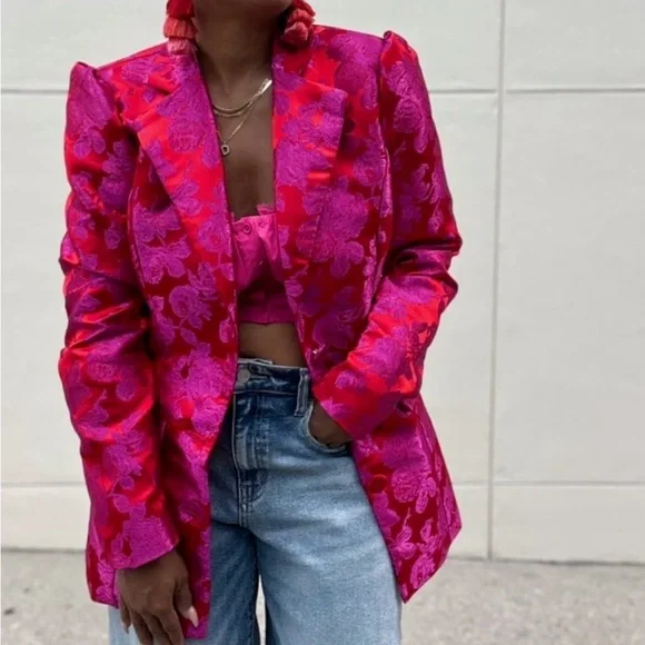 Women's Pink & Red Jacquard Floral Jacket - Picture 1 of 2
